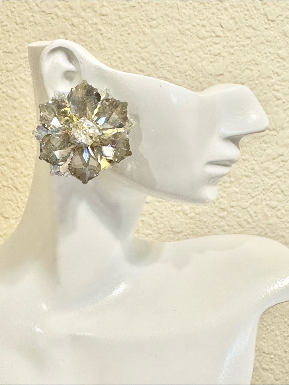 Statement Crystal Flower Earrings - Grey Iridescent Gold Tone